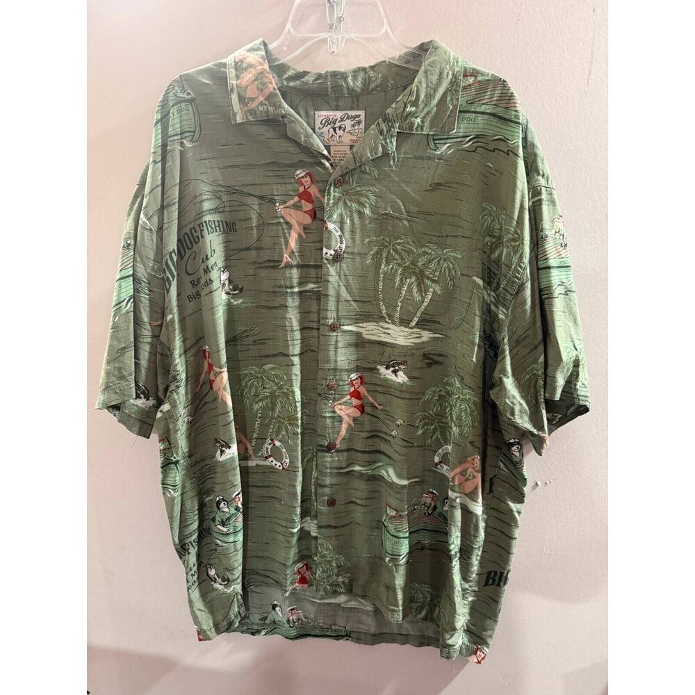 Big Dogs Casual Shirt Mens XL Green Rayon Hawaiian Short Sleeve Collar Vintage - Picture 1 of 5
